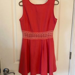 Pink salmon lace fitted flare dress with zipper back